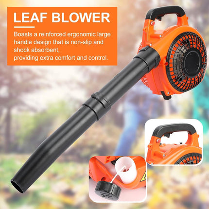 Leaf blower with ergonomic handle design on a blurred outdoor background