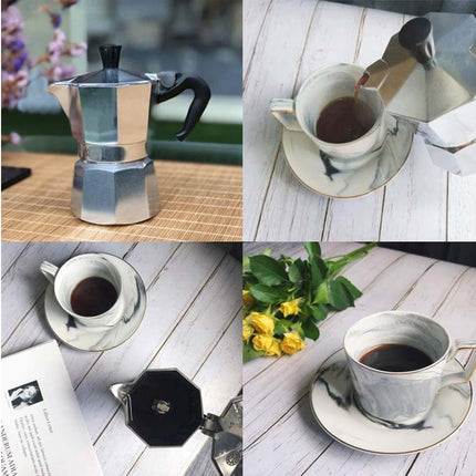 Collage of a Moka pot and coffee cups on a table with flowers.