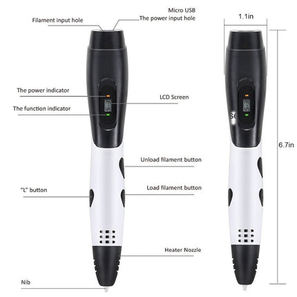 A 3D printing pen shown from the front and side with labeled callouts and dimensions on a white background, including USB port, LCD screen, buttons, and size measurements.