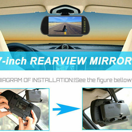 7-inch rearview mirror with installation diagram on a car interior background