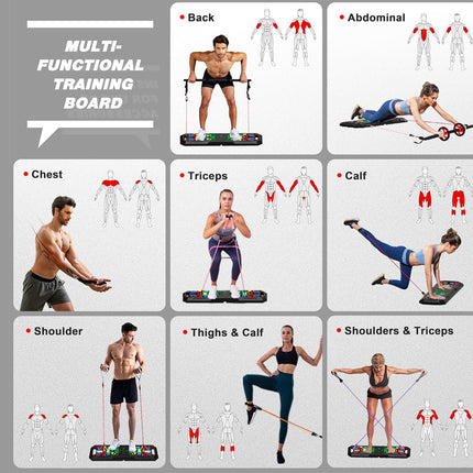 Multifunctional training board with various exercise illustrations on a gray background