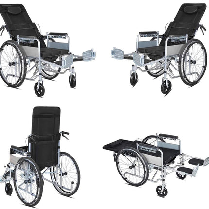 Four different views of a black and silver wheelchair on a white background