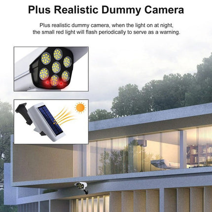Realistic dummy camera with flashing light on a house exterior, featuring text about its functionality.