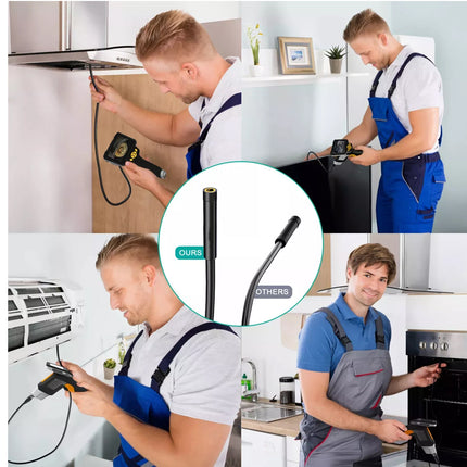 Collage of a person using a kitchen cleaning tool with close-up details.
