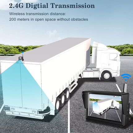 Trailer with a wireless transmission system displaying a screen of the trailer's rear view.
