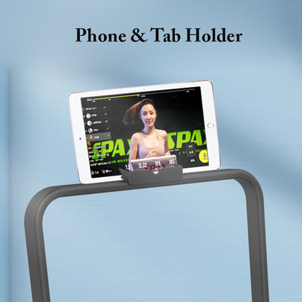 Phone and tablet holder with a tablet displaying a fitness app on a blue background