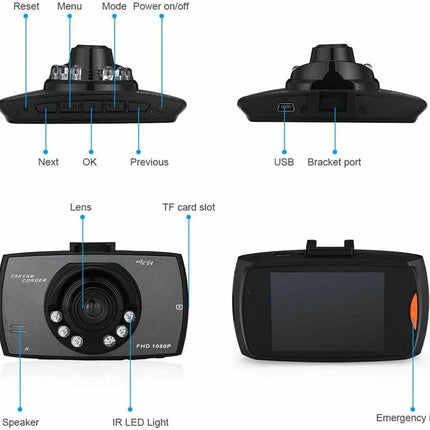 Diagram of a car dashboard camera with labeled parts on a white background