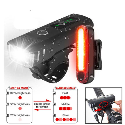 Bicycle light with front and rear lights, control panel, and charging cable on a white background.