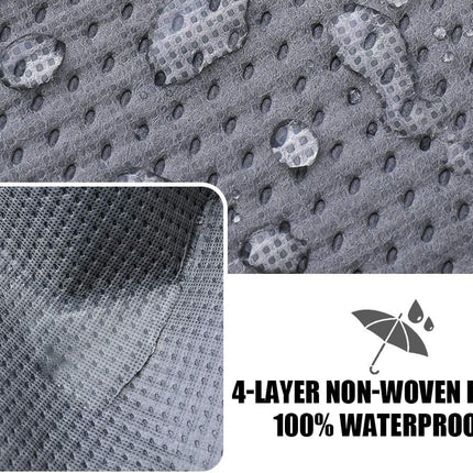 Textured fabric with water droplets and a close-up of the material, labeled as 4-layer non-woven fabric and 100% waterproof.