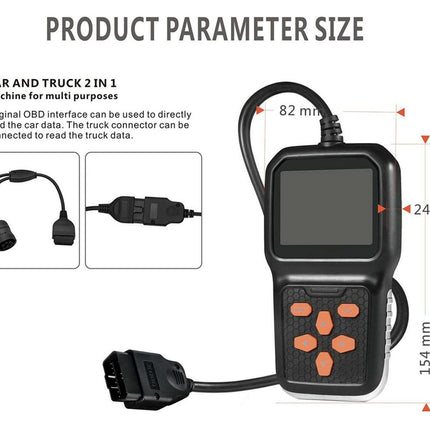 Car and truck diagnostic tool with dimensions and features on a white background
