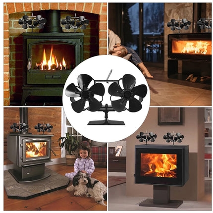 Black fan with fireplace images in a collage