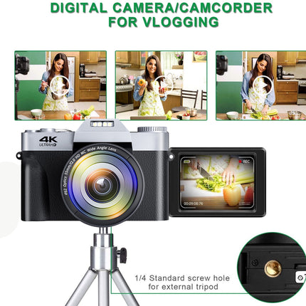 Digital camera with screen and tripod on a white background, showing vlogging examples.