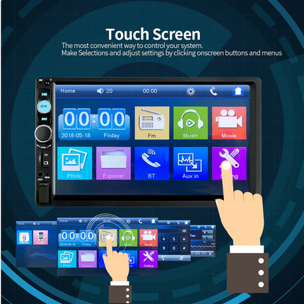 Touch screen control panel with user interface and hand interacting with it on a dark blue background.