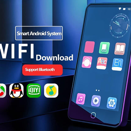 Smartphone with app icons on a blue background, highlighting WiFi download and Bluetooth support.