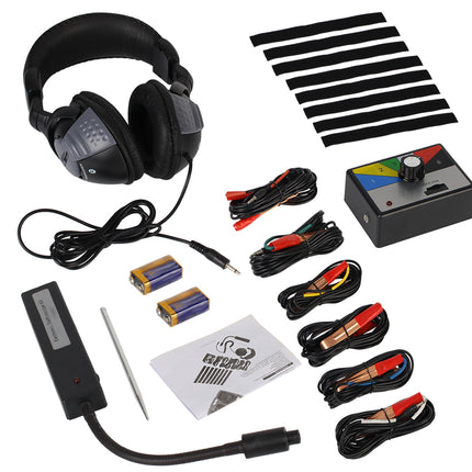 Gaming headset with accessories including cables, battery packs, and a control box on a white background