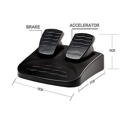 Black dual pedal brake and accelerator assembly with dimension labels showing 19cm width, 21cm depth, and 10cm height on a white background.