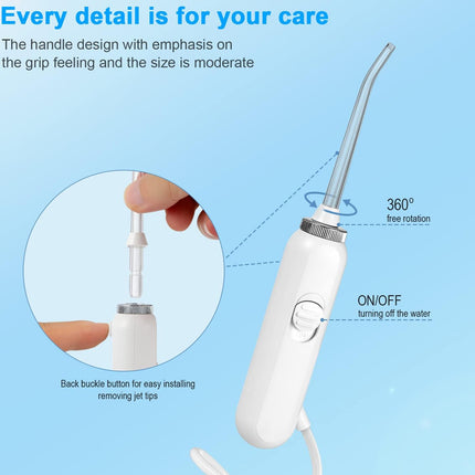 White oral irrigator water flosser shown on a light blue background with marketing text and callout arrows explaining handle design, free rotation, on/off switch, and jet-tip removal.
