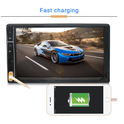 A car stereo head unit with a screen showing a blue sports car, labeled 'Fast charging' above it, with a smartphone below indicating charging via a cable.