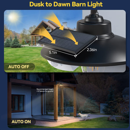 Solar-powered outdoor barn light shown in a promotional graphic with two panels: the top panel shows the solar panel charging with arrows and dimensions labeled 5.1in by 2.