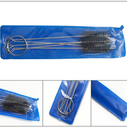 Three views of a blue zippered pouch containing several metal cleaning brushes with looped wire handles, shown on a white background.