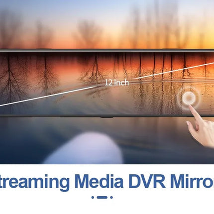 Smart mirror with touch control interface displaying a scenic view, labeled '12-inch Streaming Media DVR Mirror'.