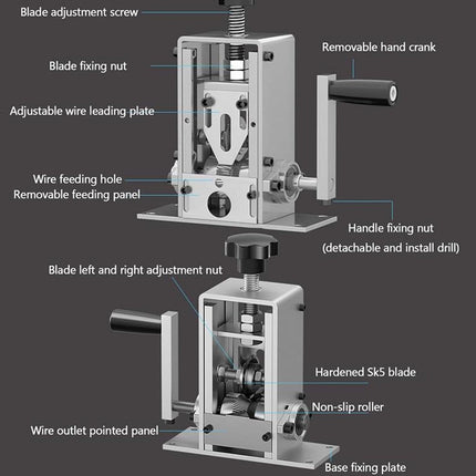 Mechanical device with labeled parts on a dark background
