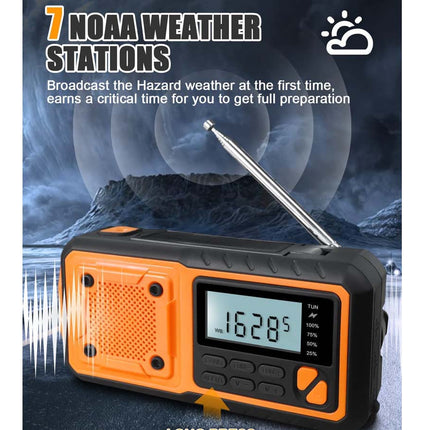 An orange and black portable NOAA weather radio with an extended antenna, shown against a dark stormy mountain background with promotional text about NOAA weather stations.