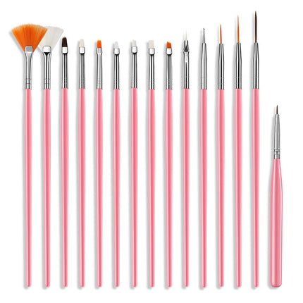 Set of 15 pink-handled painting brushes on a white background