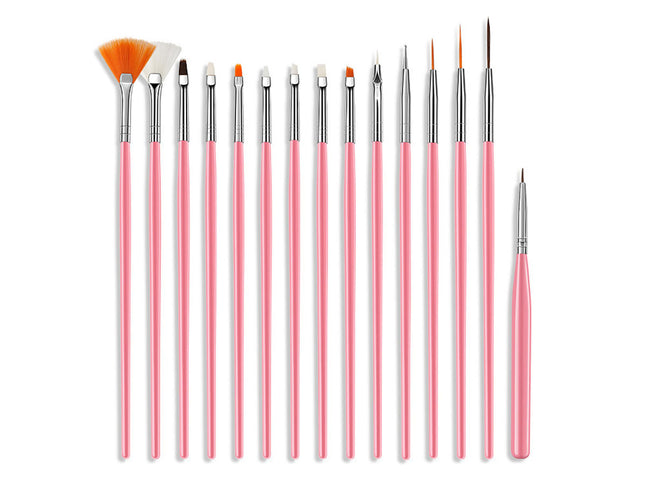 Set of 15 pink-handled painting brushes on a white background