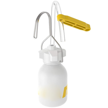 White spray bottle with a yellow nozzle on a white background