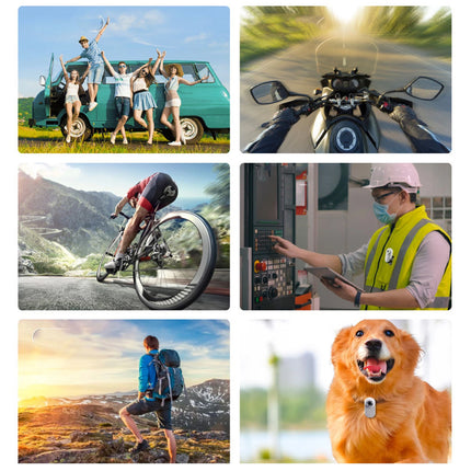 Collage of various images including people with a van, a person on a bike, a person in a hard hat, a person with a backpack, and a dog.