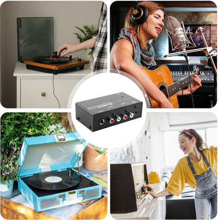 Collage of images including a record player, a person with headphones, a guitar, a computer setup, and a portable record player.
