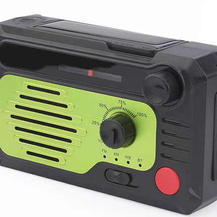 Black and green portable radio with a red button on a white background