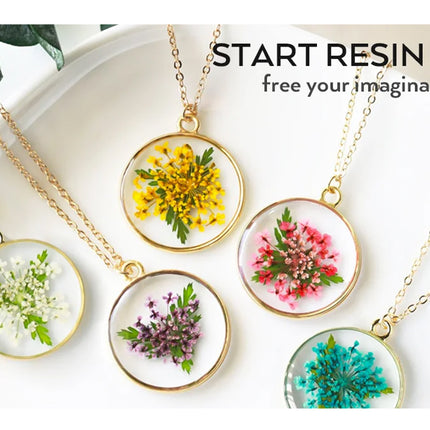 Necklaces with floral resin pendants on a white plate, with text 'Start Resin Art' and 'free your imagination'.