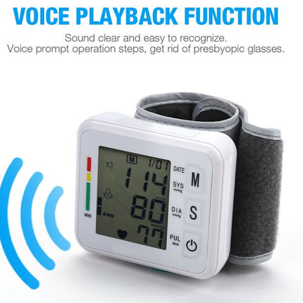 Digital blood pressure monitor with voice playback function on a white background