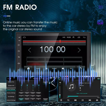 Car stereo system with FM radio interface on a dark background