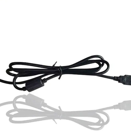 A black USB cable with a USB-A connector on one end and a smaller connector on the other, coiled and tied with a black string on a white background with a soft reflection below.