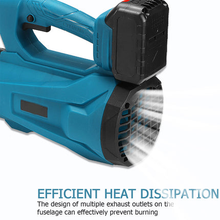 Blue handheld tool with black accents on a white background, featuring text about efficient heat dissipation.