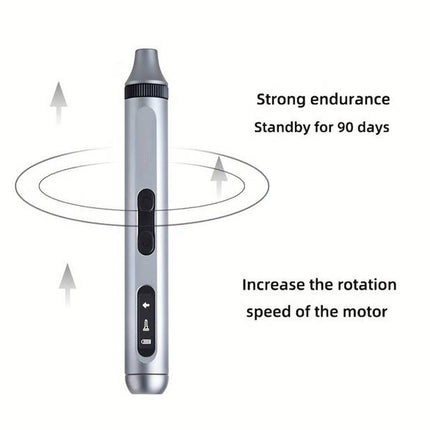 Silver electronic device with text on endurance and motor speed increase on a white background