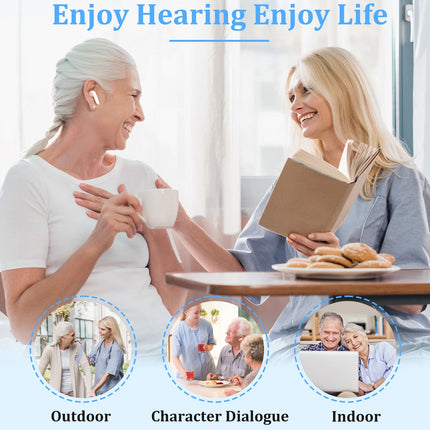 Two women sitting together, one holding a book and the other a cup, with text 'Enjoy Hearing Enjoy Life' and lifestyle images below.