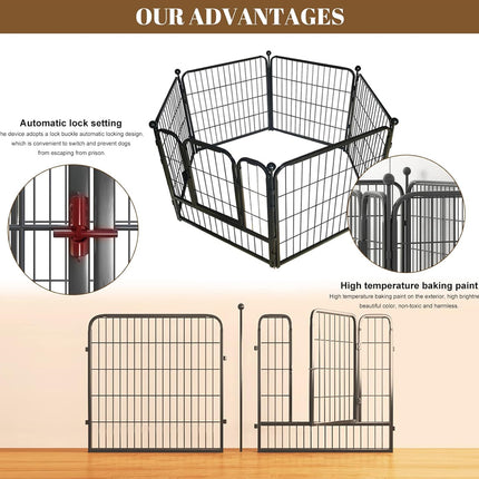 Pet playpen with features highlighted on a beige background