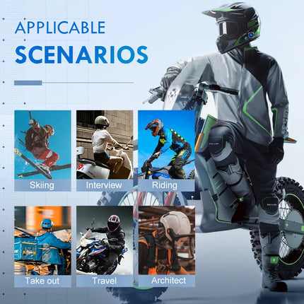 Person wearing a futuristic suit and helmet with various scenarios displayed on a screen.