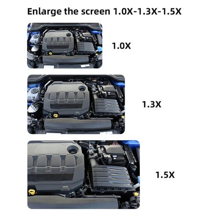 Three views of a car engine with magnification labels on a white background