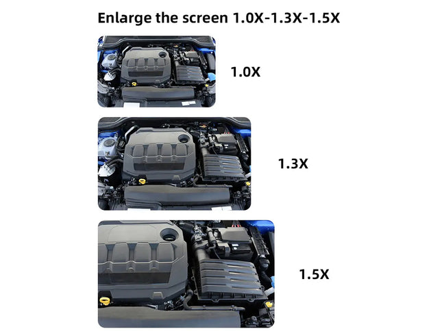 Three views of a car engine with magnification labels on a white background