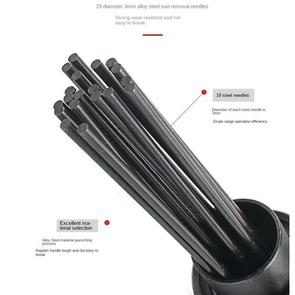 Set of black metal needles in a holder with text on a white background