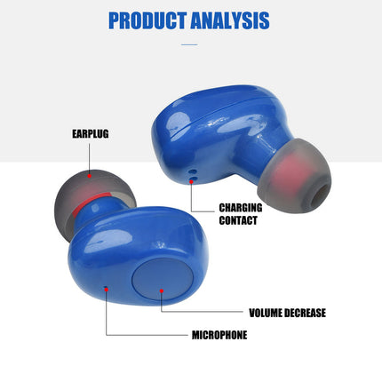 Blue wireless earbuds with labeled parts on a white background