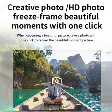 Person on a boat with scenic background and camera overlay, text about photo freeze-frame feature.