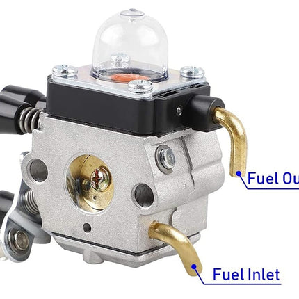 Fuel injection pump with labeled fuel inlet and outlet on a white background