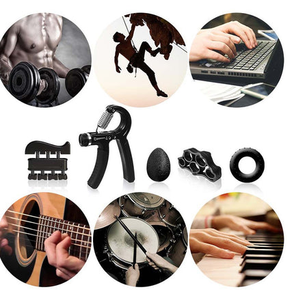 Collage of images including gym equipment, a person playing guitar, and hands on musical instruments.