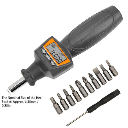Digital torque wrench with various drill bits on a white background